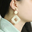 Women Rattan Geometric Drop Earrings Retro Hollow Square Dangle Ear Stud Jewelry