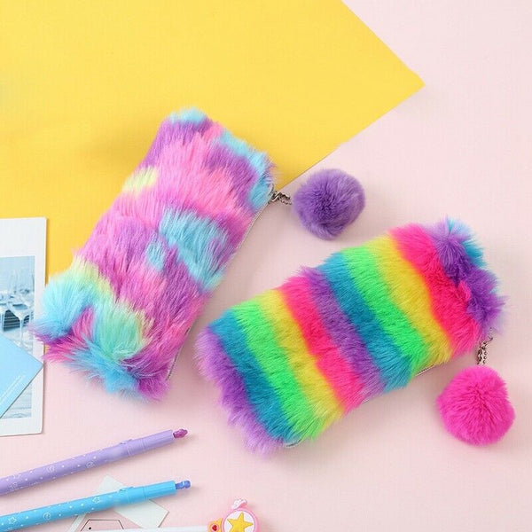 1 Pc Cute Plush School Pencil Case Rainbow Pencilcase For Girls Large Big P W1Z9