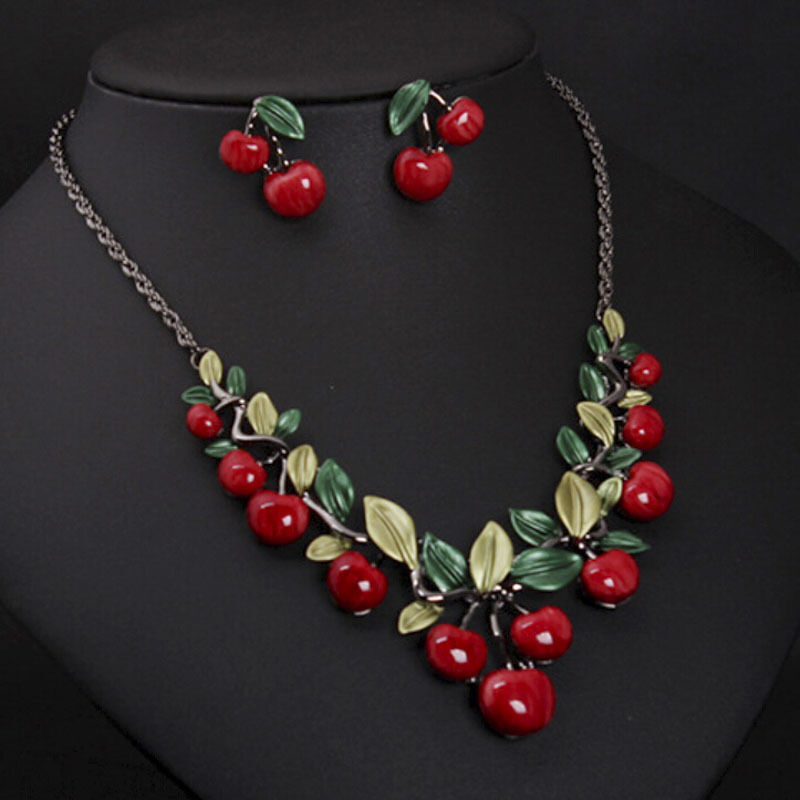 1 Set Fashion Red Cherry Jewelry Set Metal Bridal Necklace Earrings Chic JR