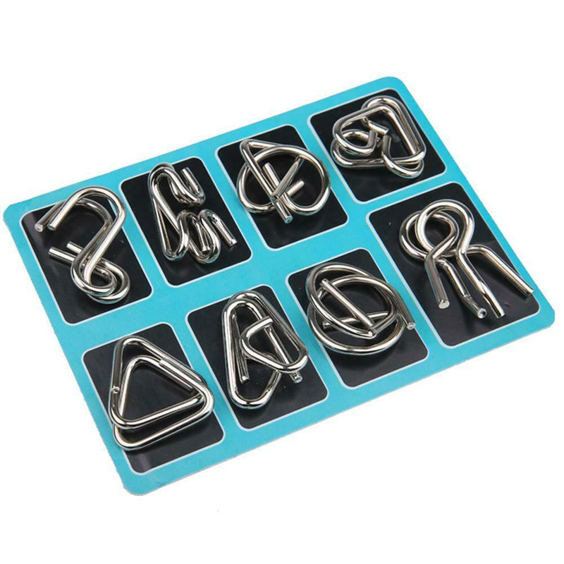 8pcs Stress Reliever Toys Blue Metal IQ Mind Montessori Brain Teaser Puzzle