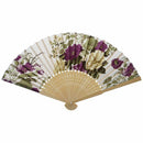 Women's Summer Wedding Floral Pattern Fabric Folding Hand Fan White Purple H9K2
