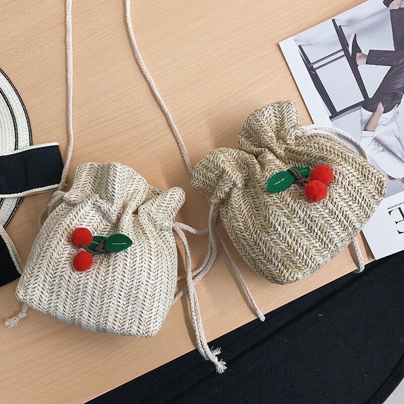 Straw Bag Ladies Beach Bag Personality Messenger Bag Drawstring Cherry Lady W6E6