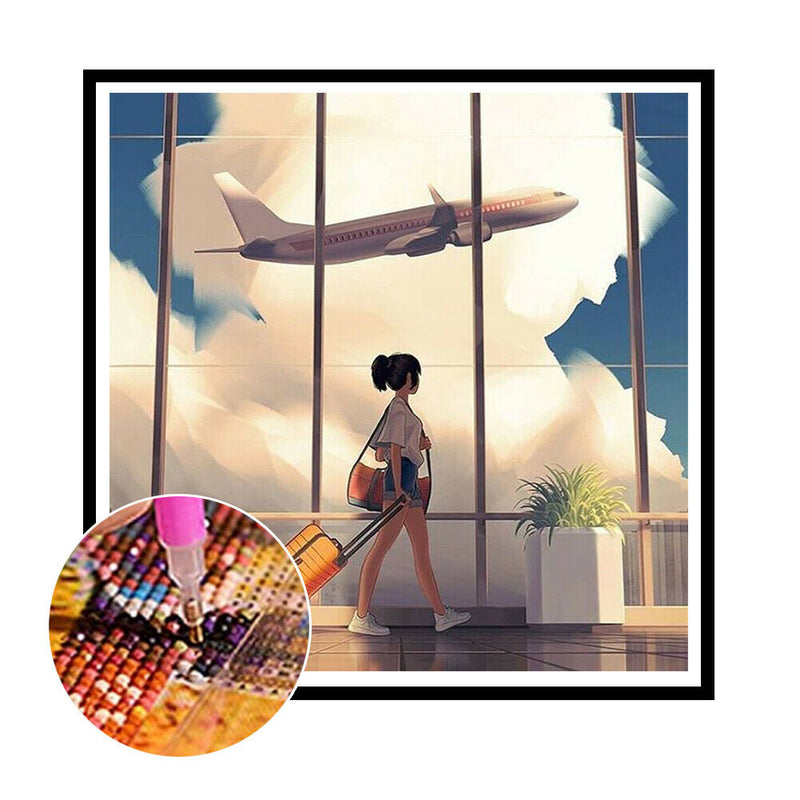 DIY Diamond Painting Kits Girl Pushing Luggage Full Round Drill Picture Art