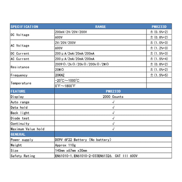 PM8233D Portable Digital Multimeter Auto Ranging Voltage Tester LCD Display