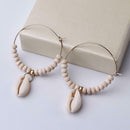 Shell Pendant Hoop Earrings Women Wooden Bead Drop Earrings Jewelry (White) A