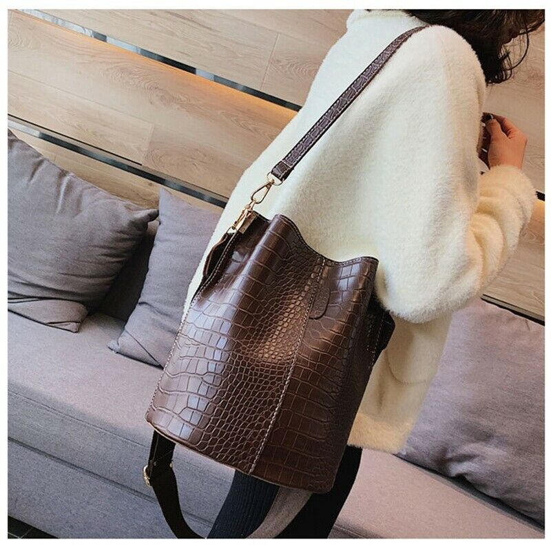 Women Large Capacity Alligator Bucket Bags Crocodile Pattern Handbag Casual I1A4