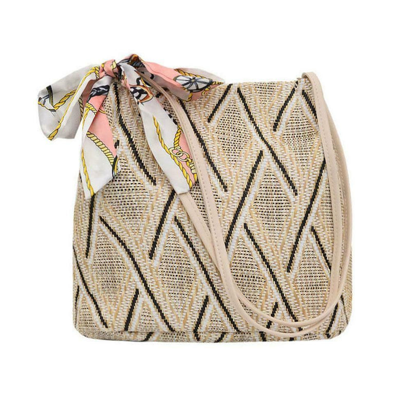 Silk Decor Shoulder Handbags Straw Women Top-handle Shopping Totes (Beige) A