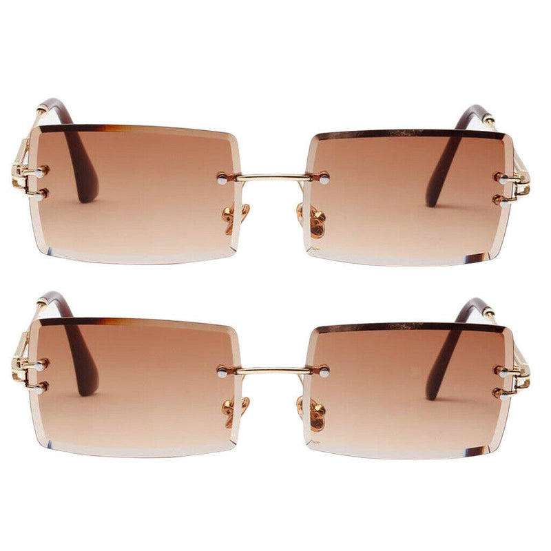 2Pack Stylish Rectangle Cut Rimless Sunglasses Tinted Lens Eyewear Shades Coffee