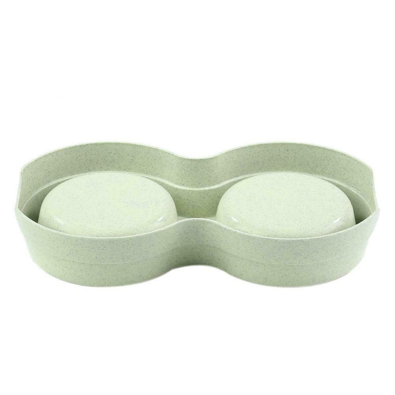 Dog Double Bowl Puppy Food Feeder Stainless Steel Pet Drinking Dish (Green) A