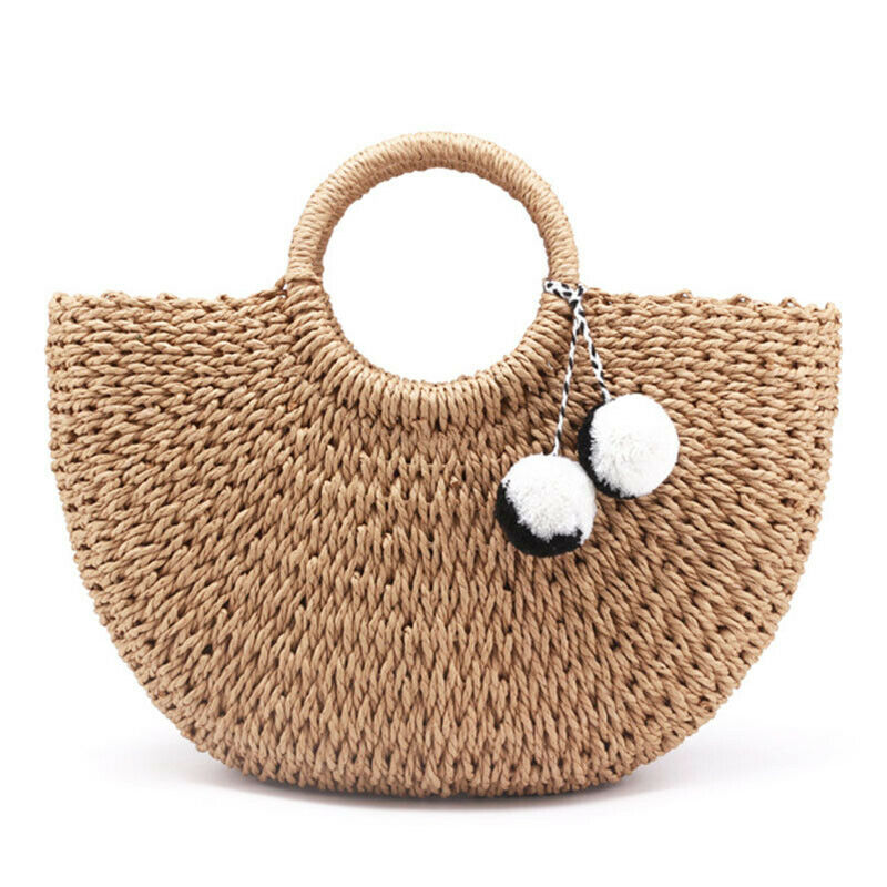 Summer Handmade Bags Women Pompon Beach Weaving Ladies Straw Bag Wrapped Be L8Y2