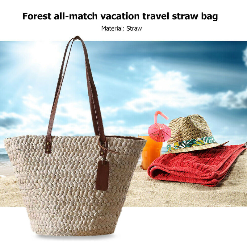 Women Beach Woven Shoulder Bag Holiday Totes Travel Bucket Straw Handbags