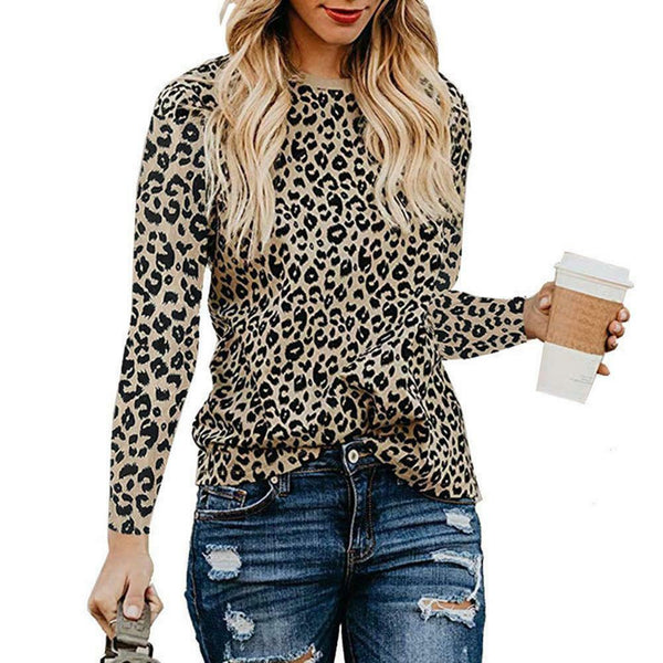 Autumn Women Leopard Print T-Shirt Casual Loose Round Neck Top (Coffee M) A#S