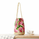 Folk Women Watermelon Print Bucket Handbag Beach Canvas Straw Shoulder Bag
