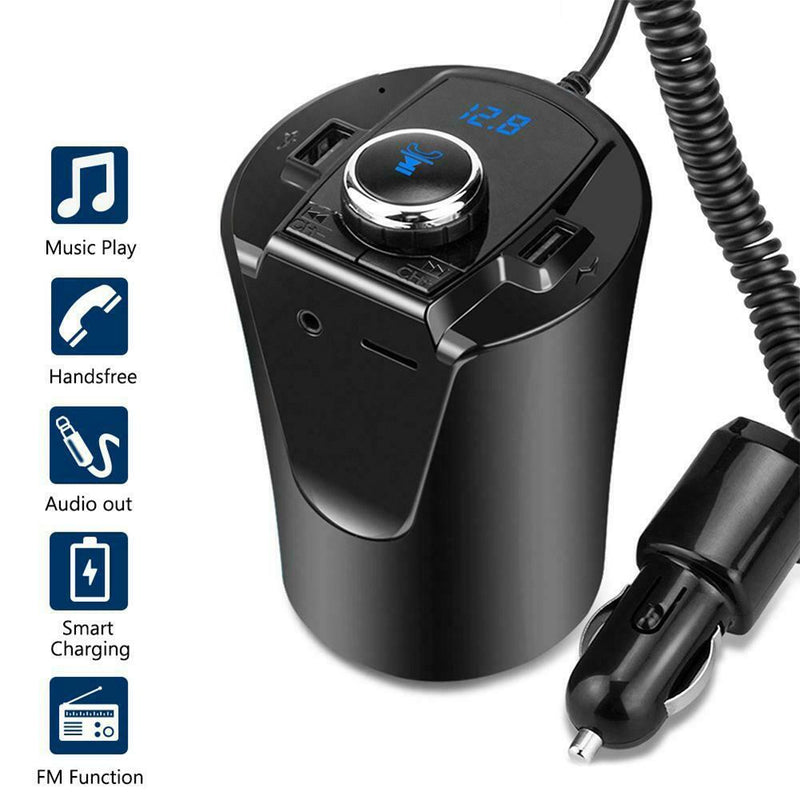 Cup Car Charger 2 USB 3.5mm Bluetooth Handsfree Call MP3 FM Transmitter Receiver