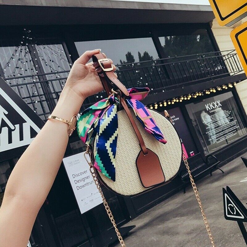 Women's straw bag Crossbody bag Woven bag Summer leisure bag Small round si E7B1