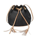 Straw Tassel Bucket Sling Shoulder Bags Women Messenger Handbags (Black)