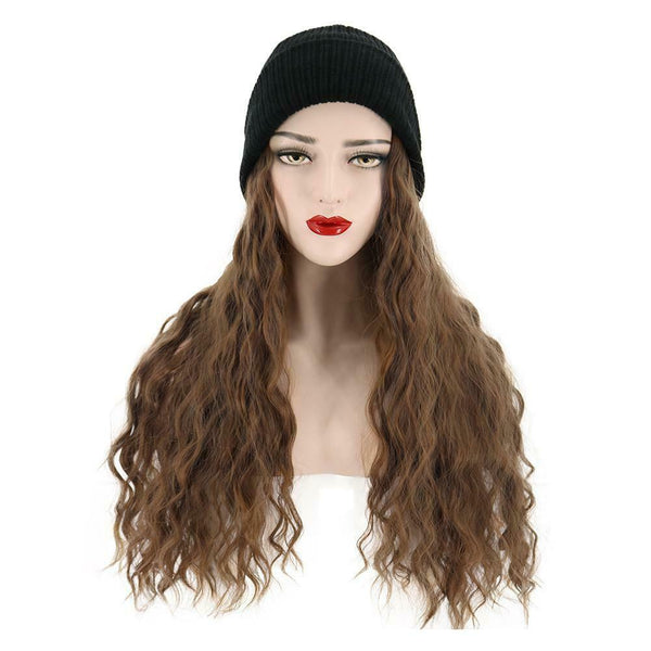 Women Synthetic Wig Beanie Wool Hat Fashion Wig Hair Extensions Brown Attached