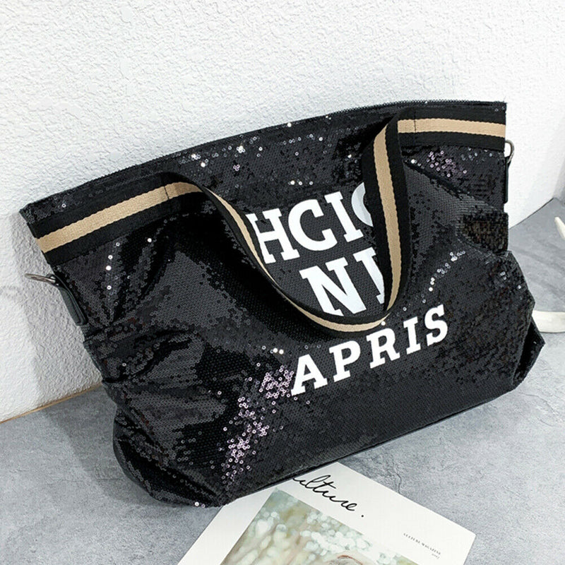 Letters Sequin Crossbody Shopping Bags Women Large Shoulder Handbag (Black)