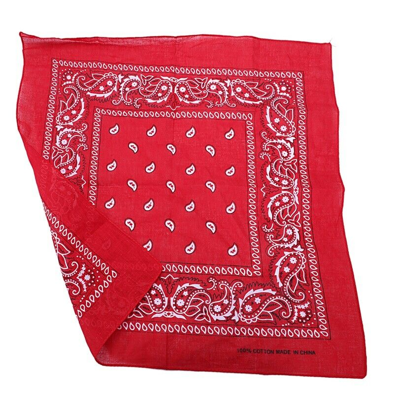 Red bandana scarf with square black white paisley pattern on both sides (Re E1M8