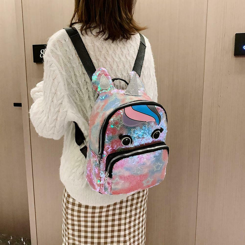 Sequin Backpack Lovely Horn Shoulder School Bag Women Travel Knapsack (2) A