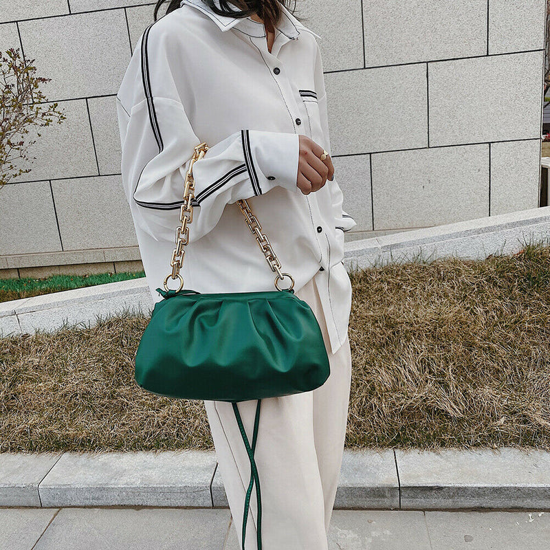 Women Chain Shoulder Bags PU Leather Cloud Party Clutch Handbag (Green)