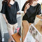 Women Bottom T-Shirt Solid Color Half Sleeve O-neck Tee Shirt (Black M)