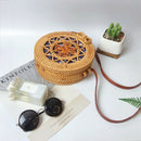 Women Handwoven Rattan Round Bag Shoulder Leather Straps For Outdoor Leisur