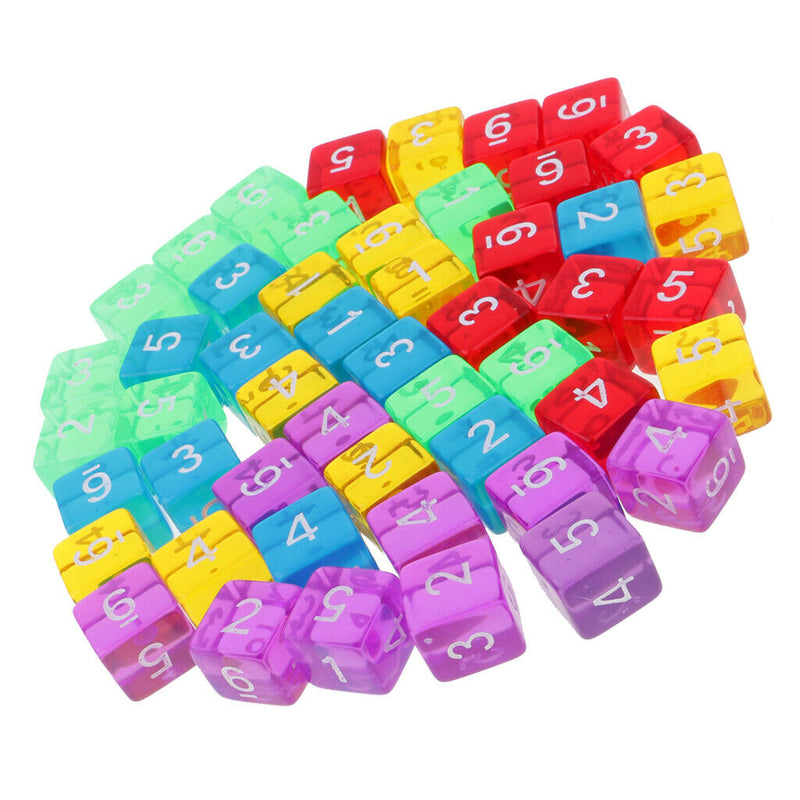 Bag Of 50 Transparent Dice Pieces Set Of 5 Colors Of 16mm Board Games