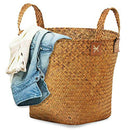 Natural Round Straw Basket Bin Handmade with Handgrip Orange 33X21X26cm R8M9