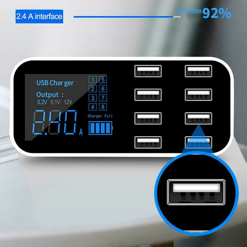 USB 8 Multi-Port Adapter Desktop Wall Charger Smart LED Display Charging Sta Bj