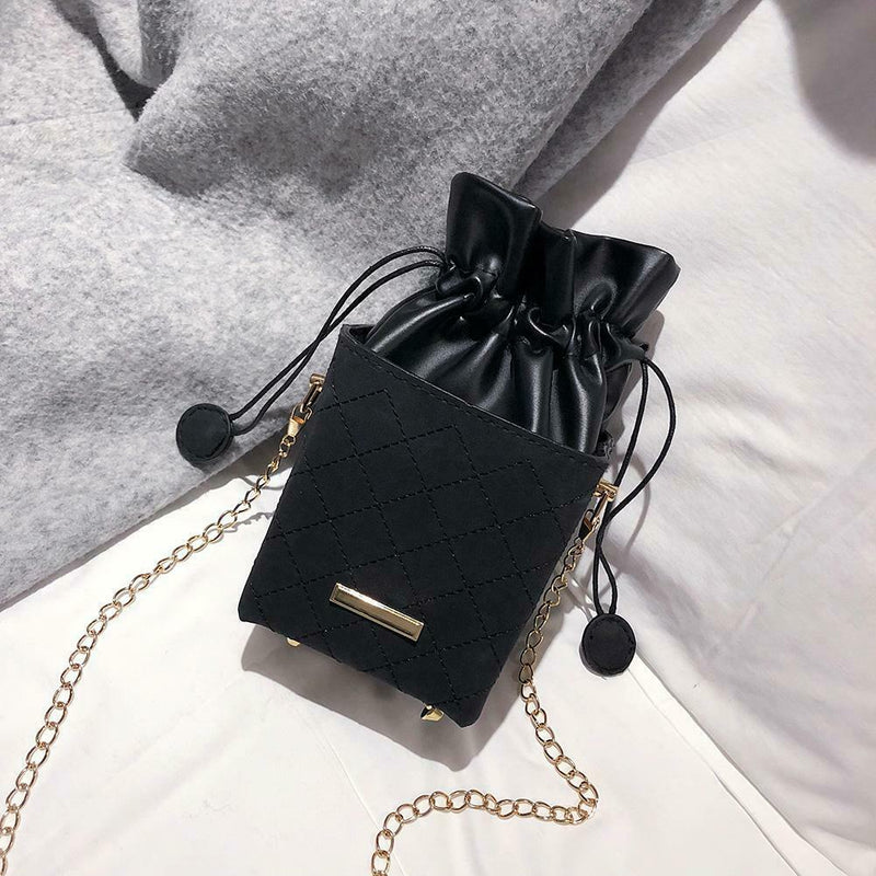 Elegant Leather Messenger Bag Women Shoulder Drawstring Handbag (Black)