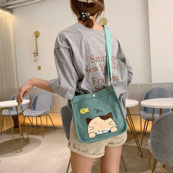 2pcs/set Women Canvas Cat Print Shoulder Crossbody Handbags Pen Bag (Green)