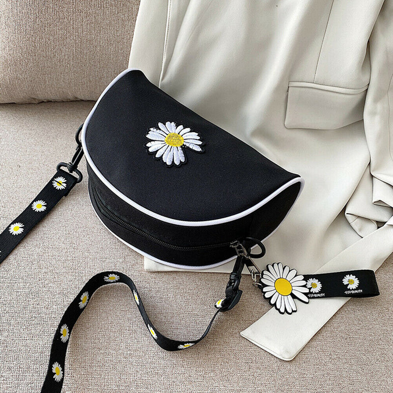 Women Canvas Crossbody Bag Semicircle Shoulder Flower Sling Handbag (Black)