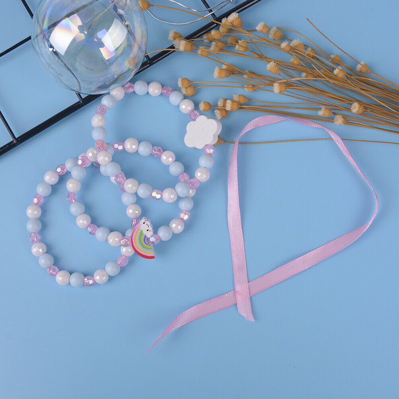 1 Set/3Pcs Cartoon rainbow wood beads girls jewelry set kids children brace,a