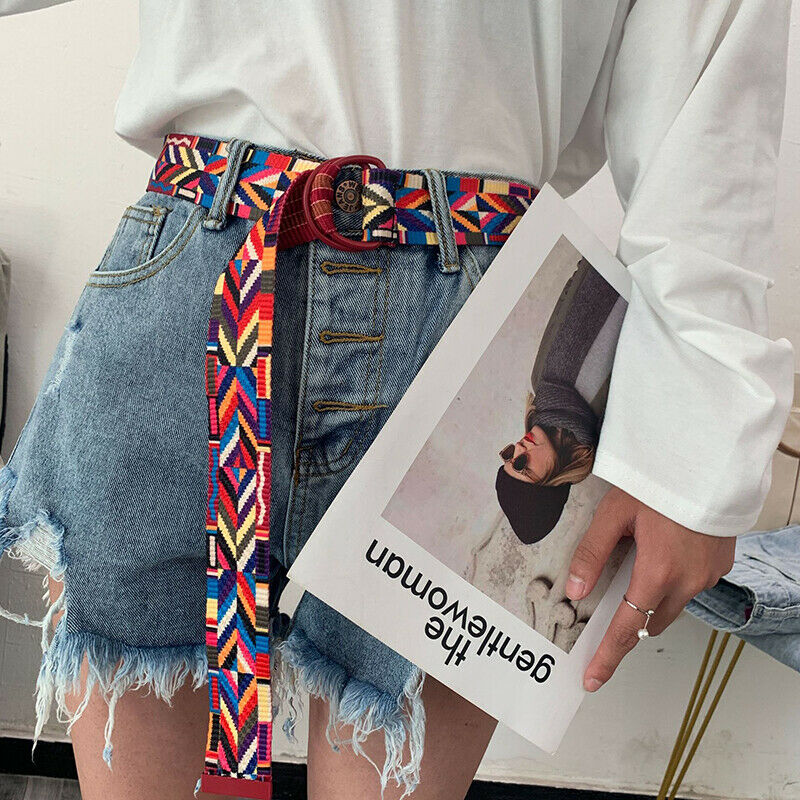 Harajuku Embroidery Panel Canvas Double Ring Buckle Long Belt Women Couples B Gw