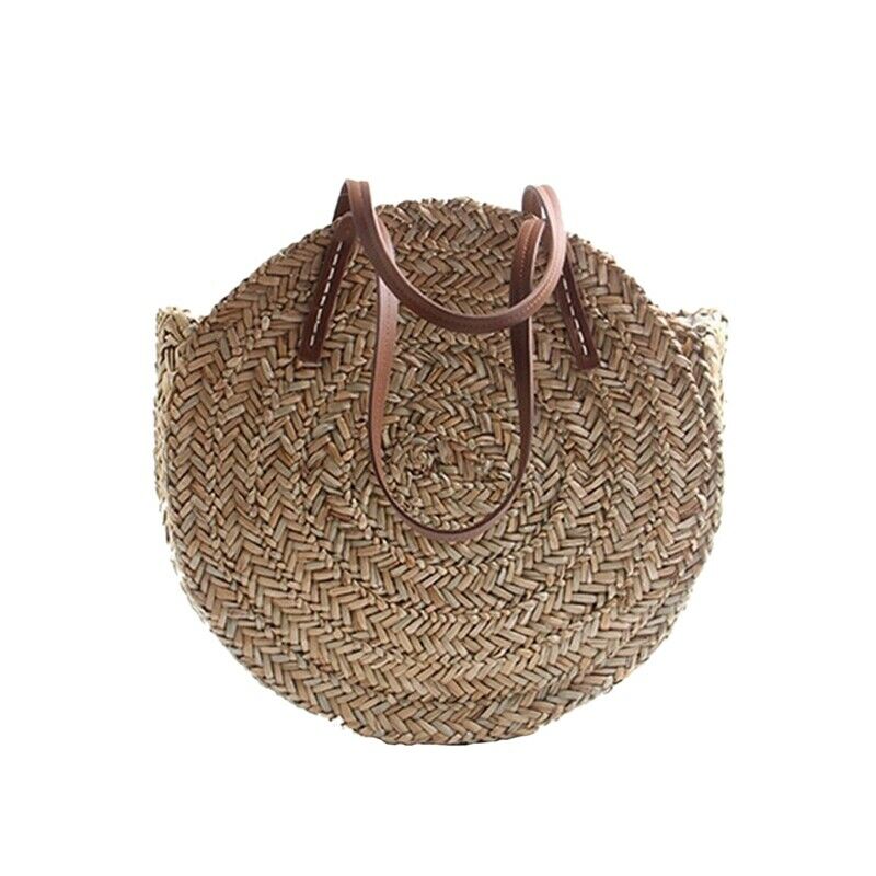 Women Bohemia Wind Beach Circle Round Rattan Straw Summer Travel Shoulder B E6Y8