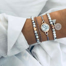 Trendy Women Bohemian Multilayer Marble Beaded Tassel Pendant Chain Bracelet Set