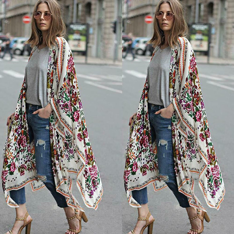 Women Chiffon Kimono Cardigan Floral Print Asymmetric Boho Loose Outerwear