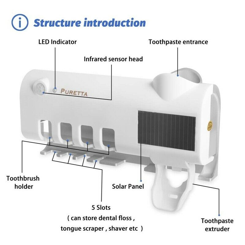 Solar UV Light Ultraviolet Toothbrush Sterilizer Automatic Toothpaste Dispe B7D7