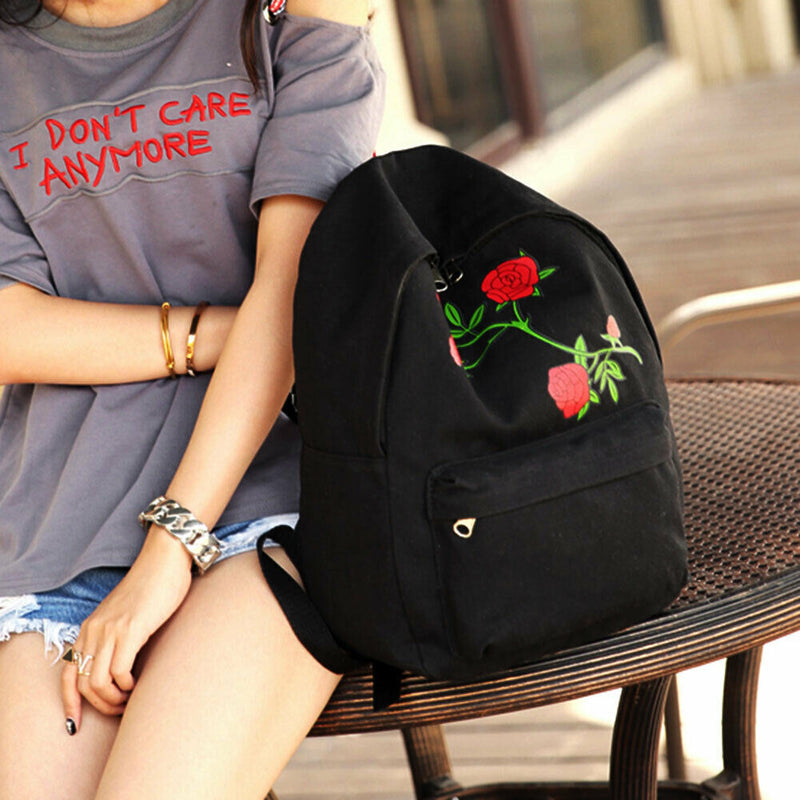 Preppy Chic Women Canvas Flower Embroidery Large Capacity Backpack(Black)