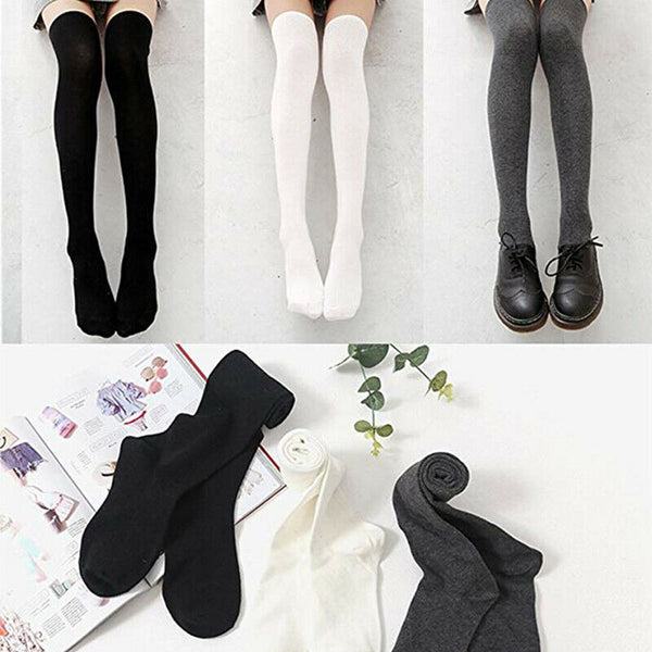 1 Set 3 Pairs Womens Long Socks Solid Color Thigh High Socks Cotton over th
