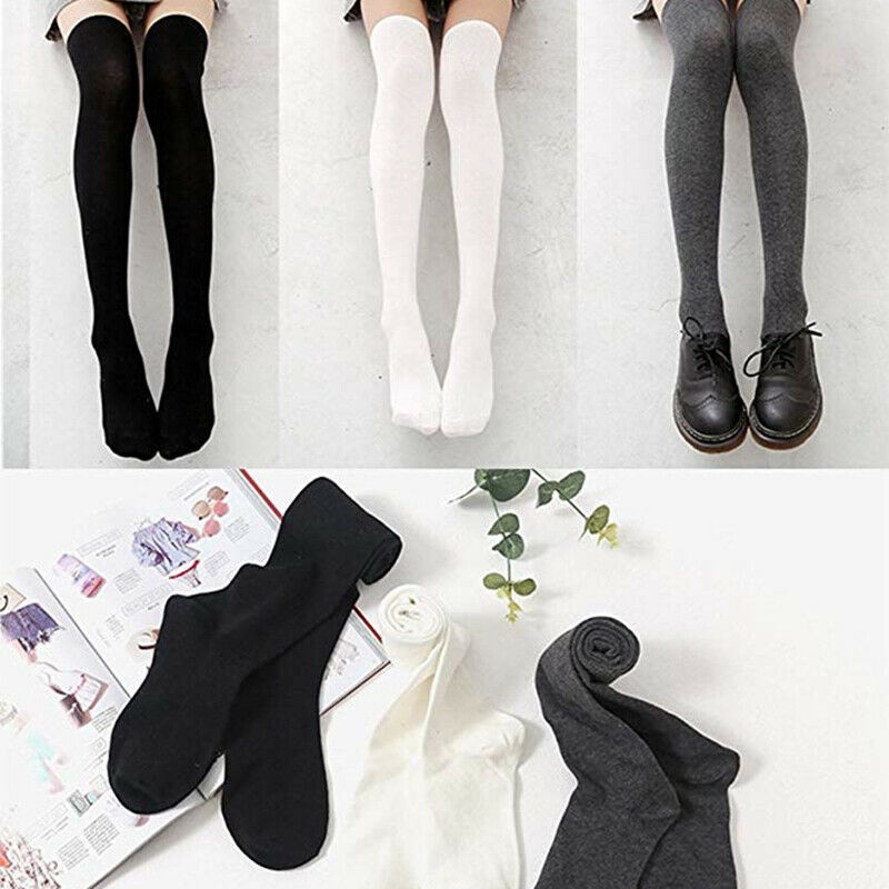 1 Set 3 Pairs Womens Long Socks Solid Color Thigh High Socks Cotton over th