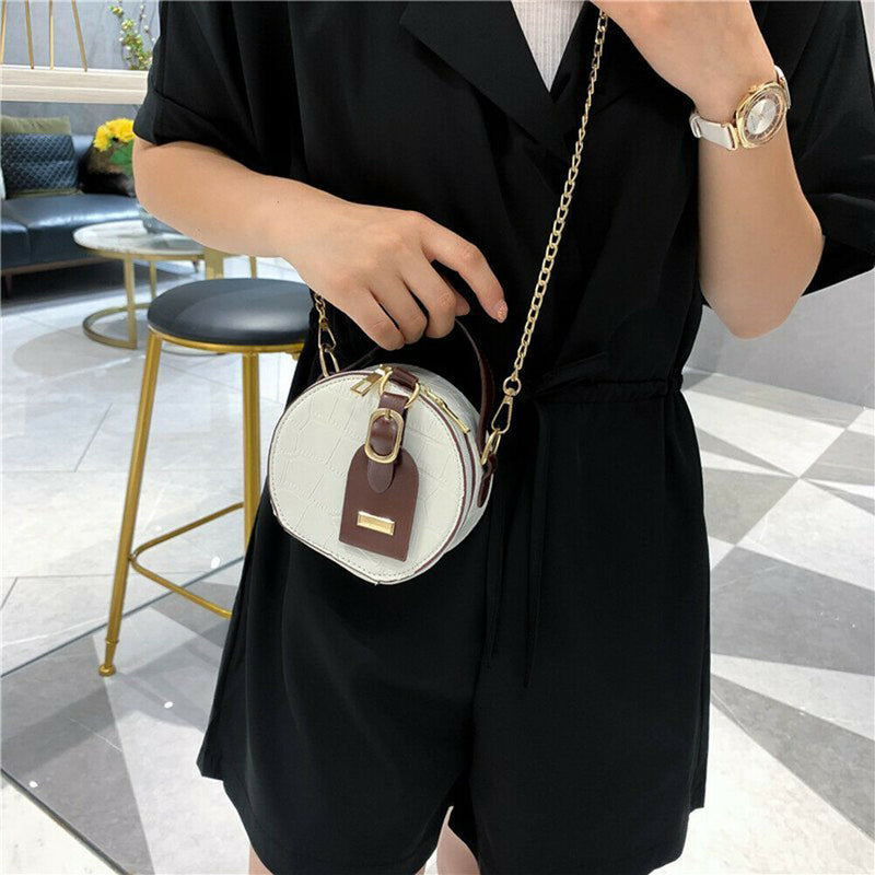 Mini Round Tote Shoulder Bag Women Leather Chain Messenger Purse (2 White)