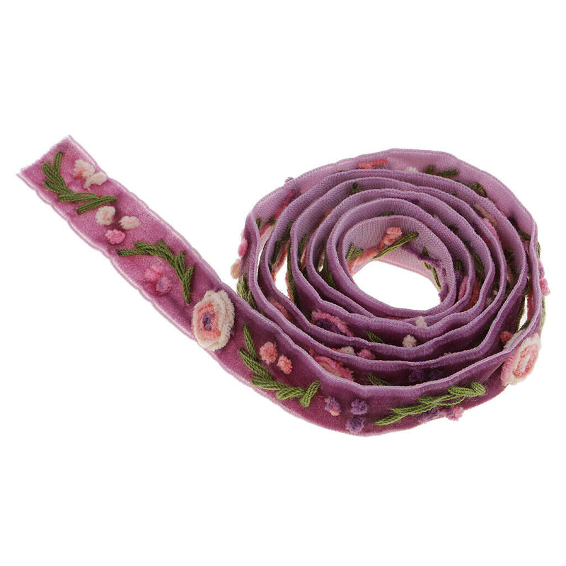 1 Yard Elegant Flower Embroidered Velvet Ribbon Lace Trim Purple for Sewing