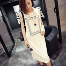 Fashion Printing Sleeveless Dress Women Loose Round Neck Dresses (White M)