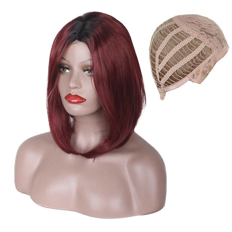 Fashion Wig Natural Short Straight Short Hair Wigs Wine Red Women's Wig with Cap