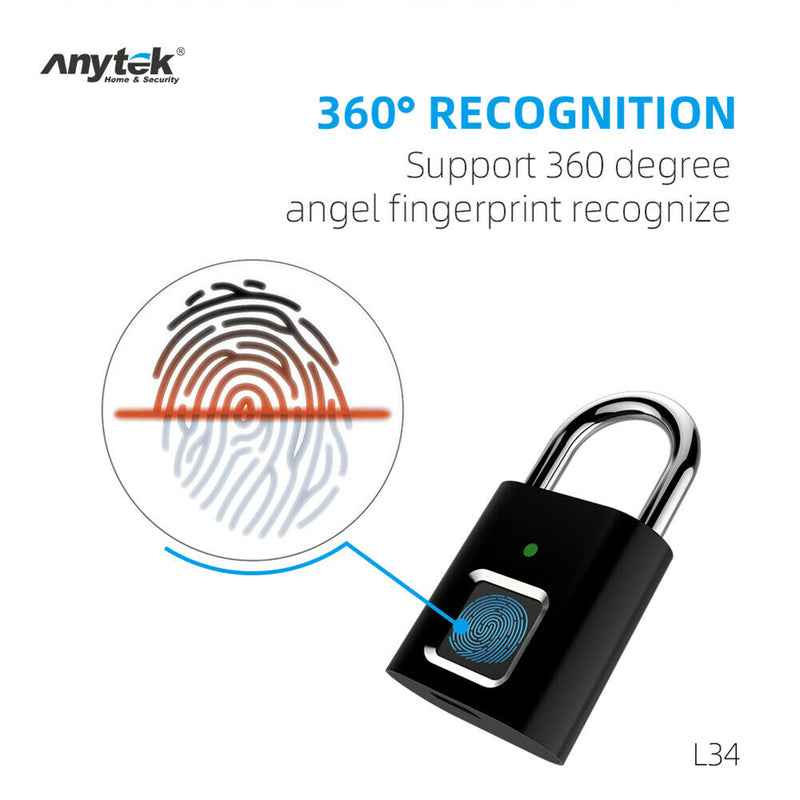 Anytek L34 Smart Fingerprint Padlock Keyless USB Rechargeable Door Suitcase Lock