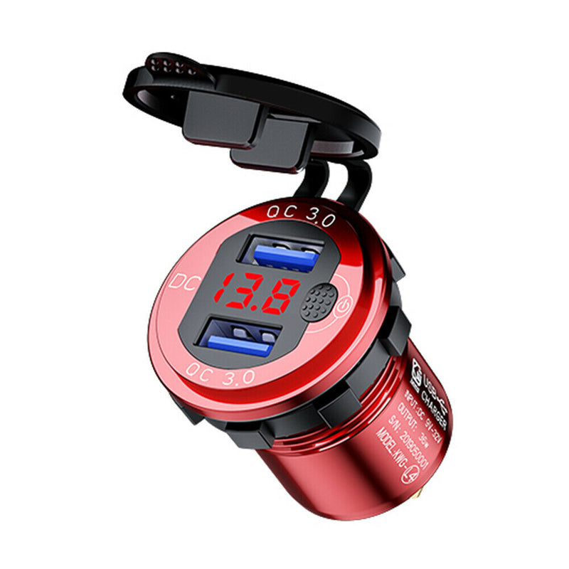 L4 Car Dual USB Charger QC3.0 USB Power Outlet w/ Voltmeter + Switch (Red)