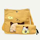 2pcs/set Women Canvas Cat Print Shoulder Satchel Handbags Pen Bag (Yellow) A