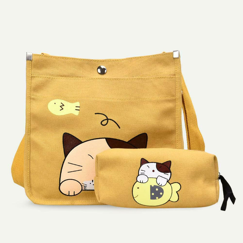 2pcs/set Women Canvas Cat Print Shoulder Satchel Handbags Pen Bag (Yellow) A